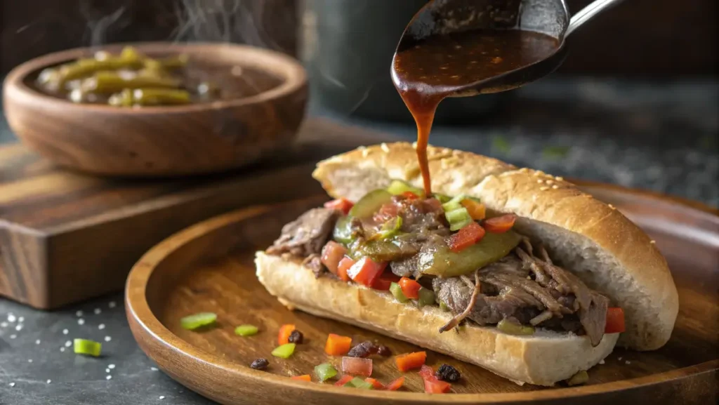 assembling italian beef crock pot sandwich dipped in jus