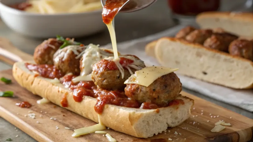 Assembling a turkey meatball sub sandwich