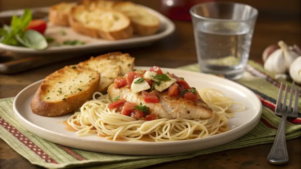 Slow cooker Caprese chicken with pasta and bread