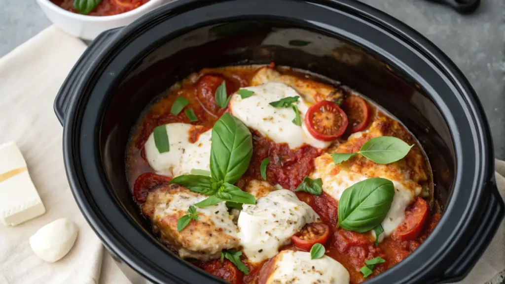 Slow cooker Caprese chicken during cooking