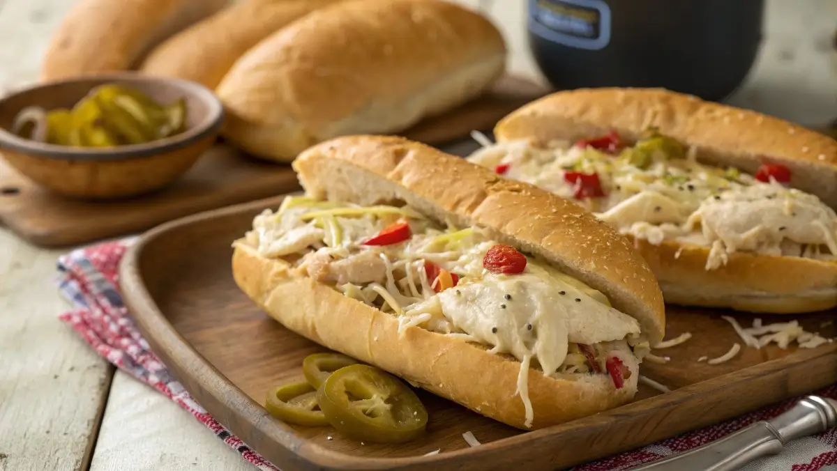 crockpot Italian chicken sandwiches in hoagie rolls