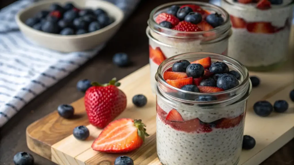 Vegan no bake chia pudding with berries for 4th of July