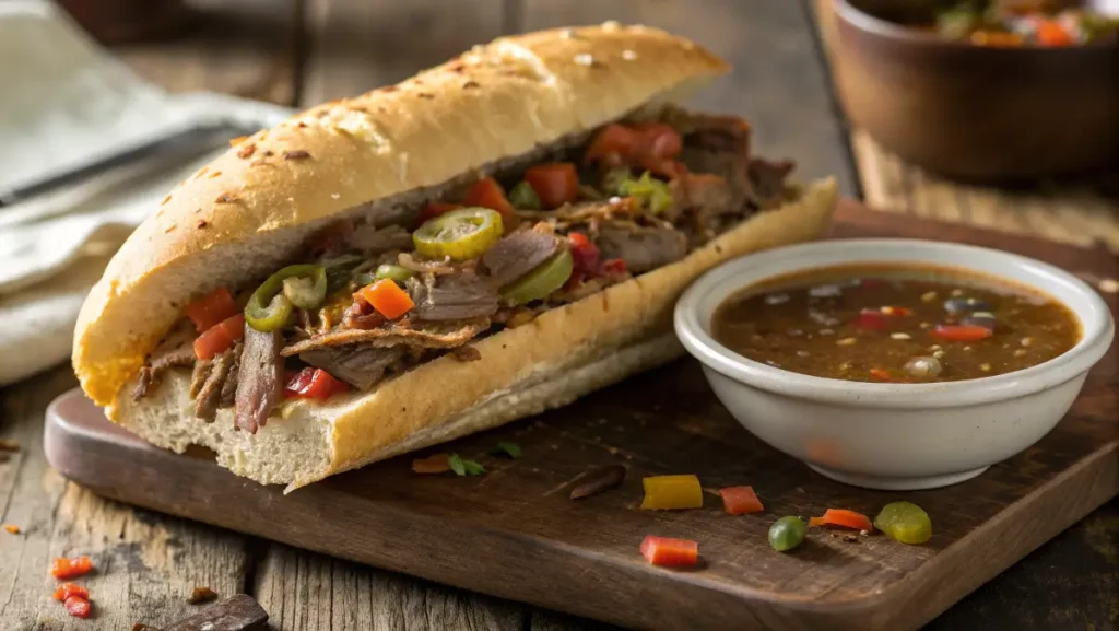 italian beef crock pot recipe sandwich with giardiniera and au jus