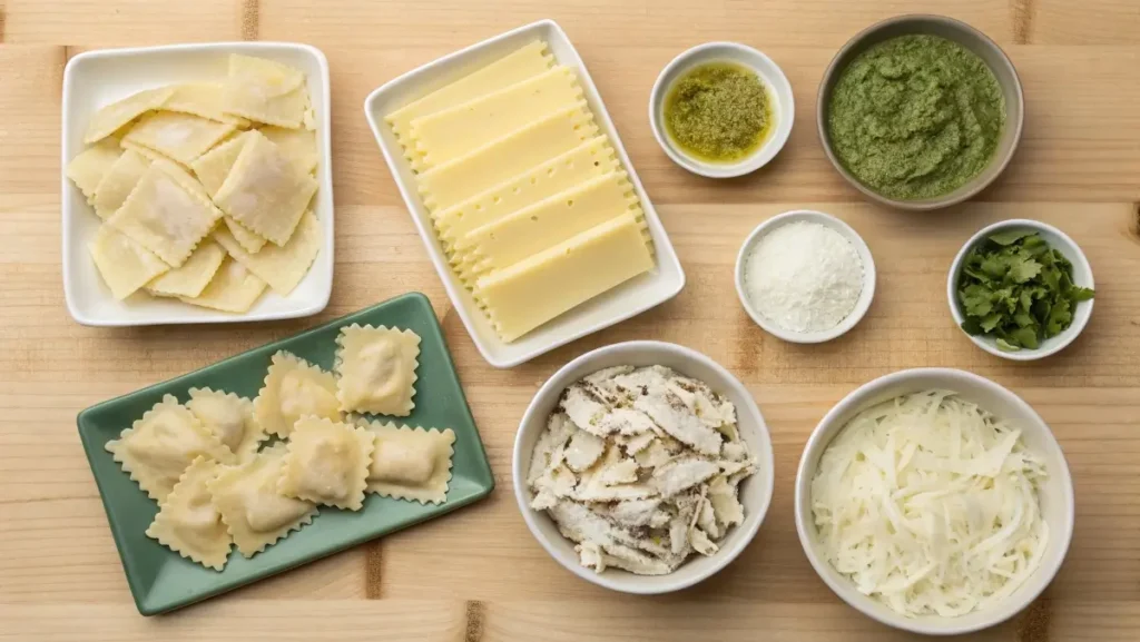 ingredients for pesto chicken Alfredo ravioli lasagna