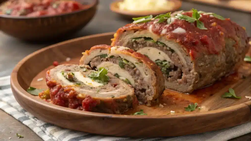 meatloaf braciole recipe cross-section with marinara and cheese