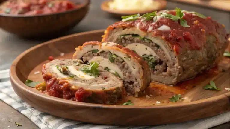 meatloaf braciole recipe cross-section with marinara and cheese