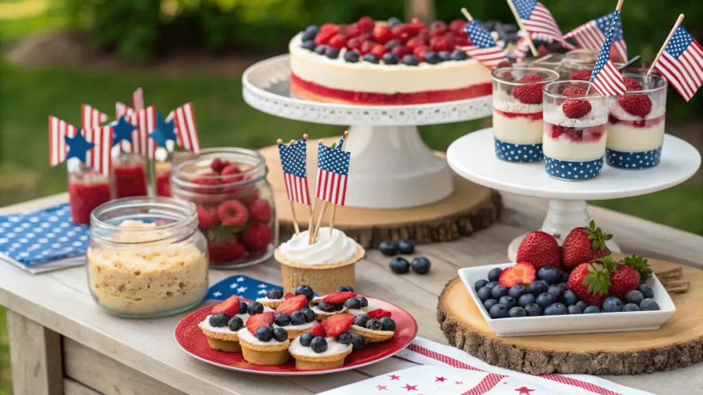 No bake 4th of July desserts table with patriotic treats