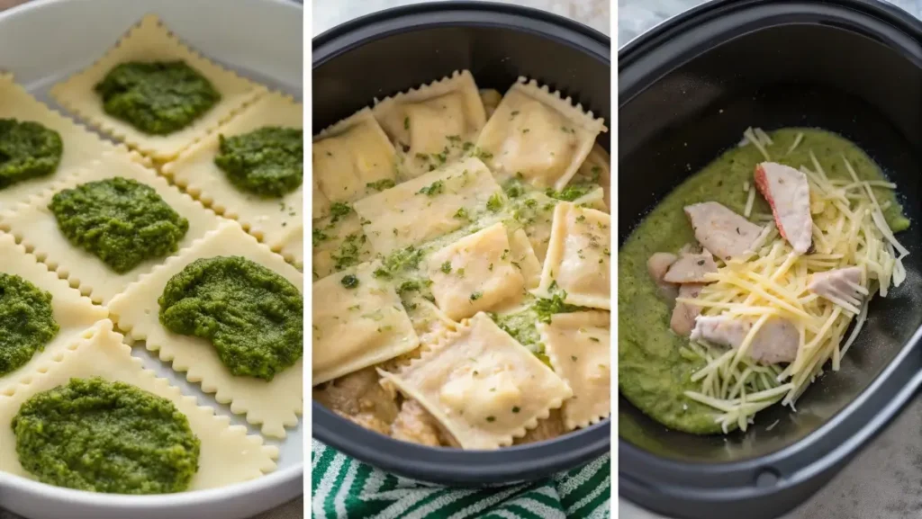 layering ravioli and pesto Alfredo in crockpot