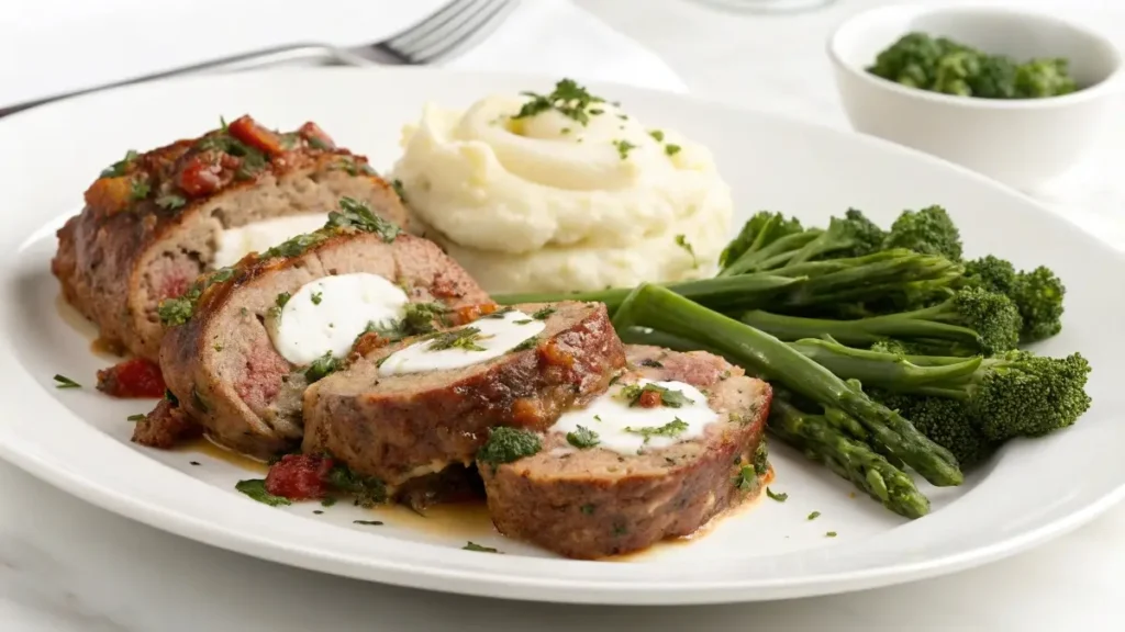 Meatloaf braciole served with mashed potatoes and greens