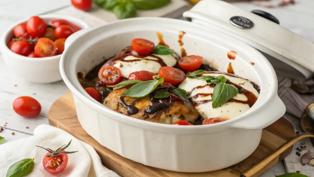 Slow cooker Caprese chicken with basil and mozzarella