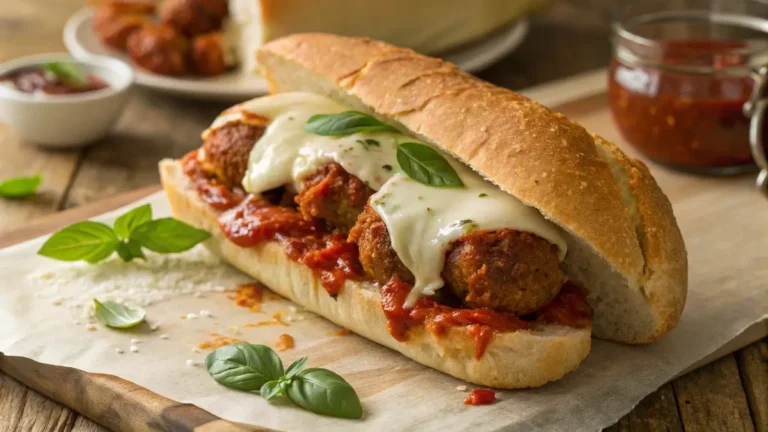 Juicy turkey meatball sub sandwich with melted mozzarella