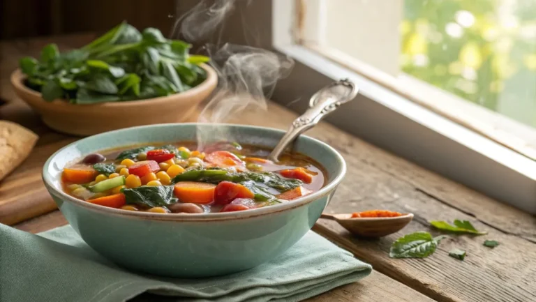 Close-up of hearty 10 vegetable soup in a rustic bowl