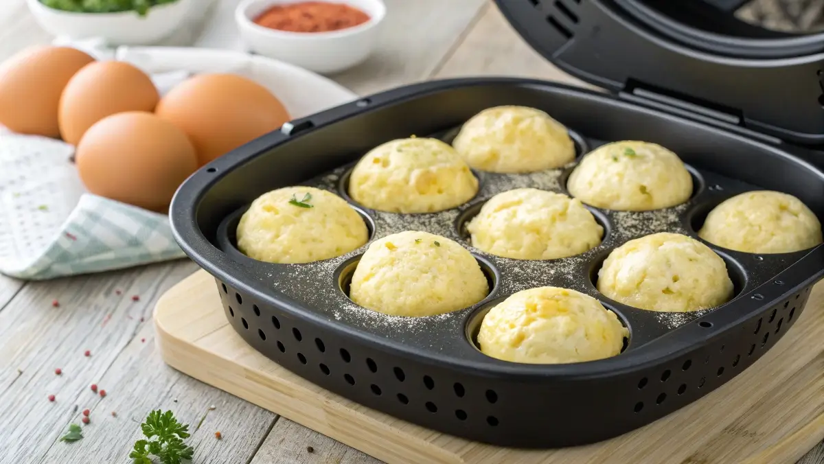 Air fryer egg bites fresh out of the basket