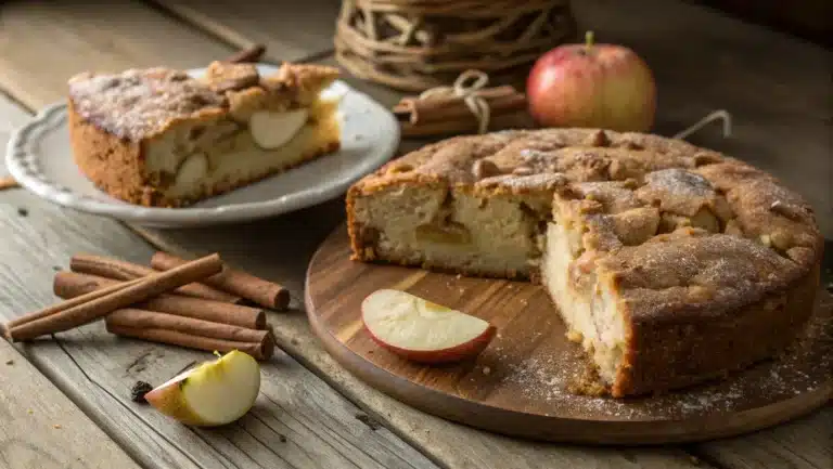 amish apple cake recipe sliced on rustic table