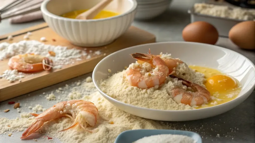 Preparing Bang Bang Shrimp Recipe by breading shrimp