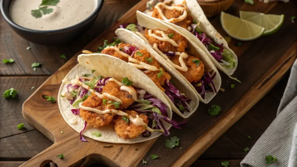 Bang Bang Shrimp Tacos with creamy sauce
