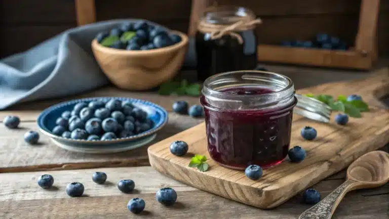 blueberry syrup recipe in glass jar with fresh blueberries