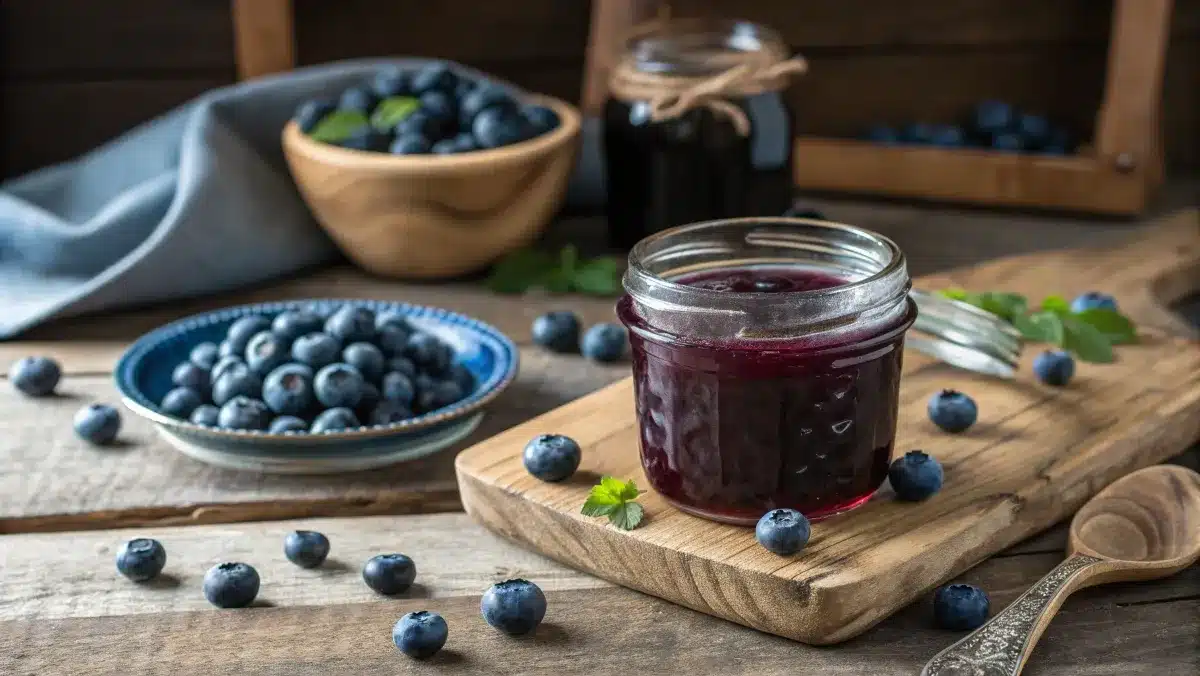 blueberry syrup recipe in glass jar with fresh blueberries