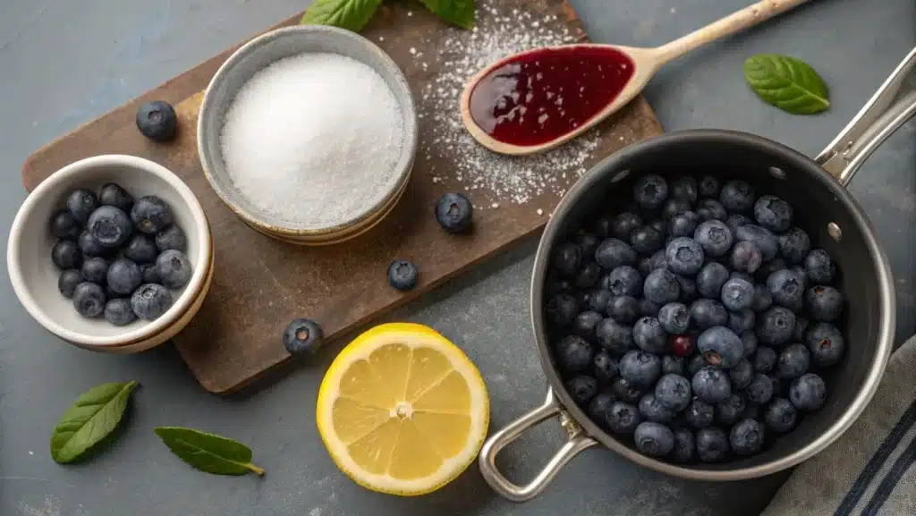 blueberry syrup recipe ingredients on counter