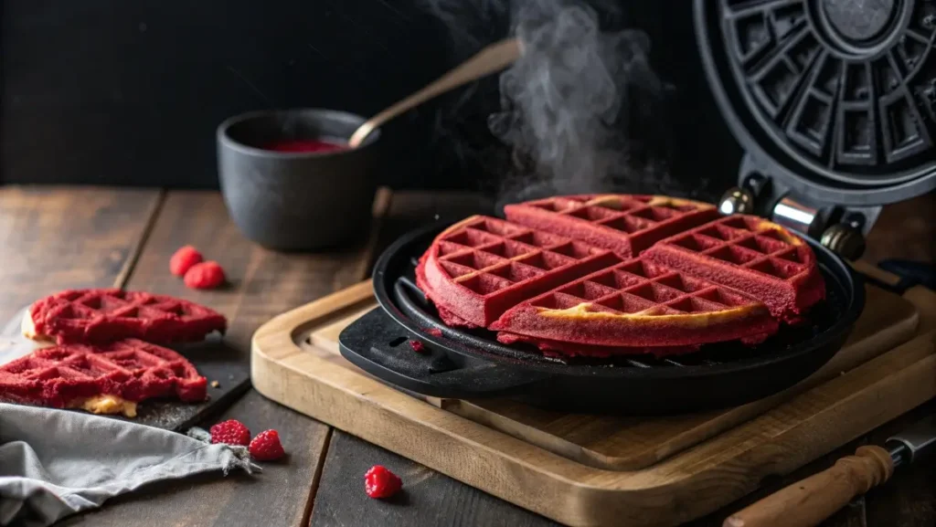Red velvet cake mix waffle cooking in waffle iron