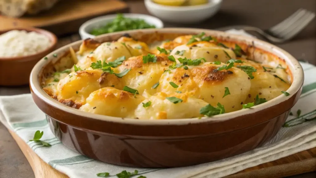 cheesy baked gluten free potatoes in ceramic dish