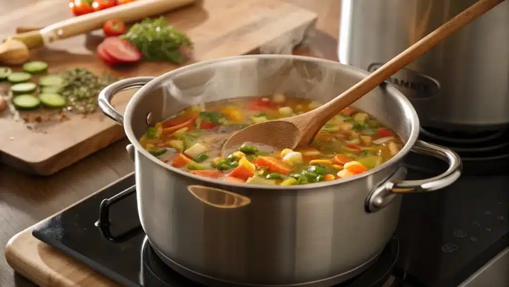 Simmering 10 vegetable soup on stovetop