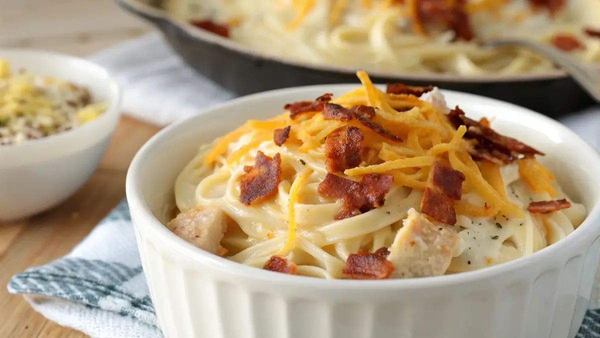 Crack chicken pasta with cheddar cheese and bacon