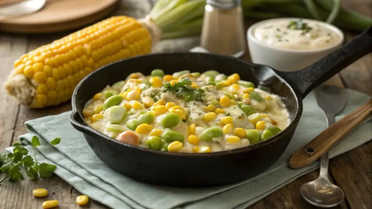 creamy succotash recipe in cast iron skillet