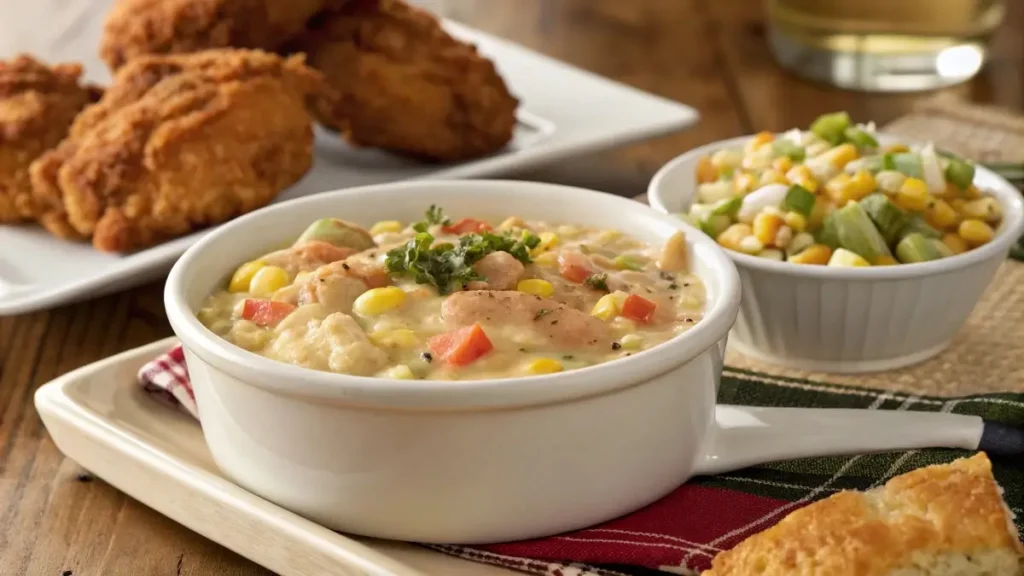 creamy succotash recipe serving suggestion with cornbread and fried chicken
