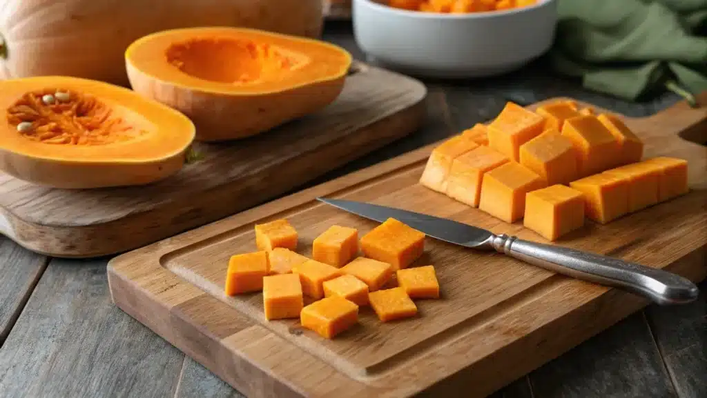 Cutting butternut squash for roasting recipe