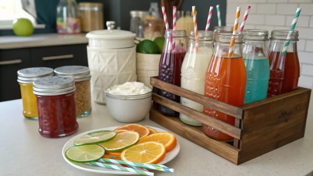 DIY dirty soda bar setup with syrups and soda