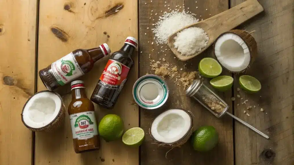 Ingredients for dirty soda recipes on wooden table
