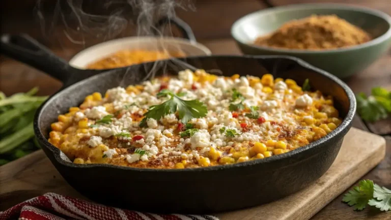 Easy Mexican street corn dip with cream cheese in cast-iron skillet