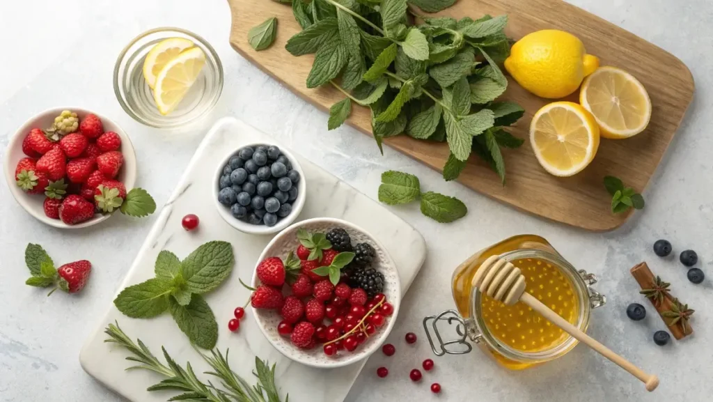 Easy mocktail ingredients like berries, mint, and honey