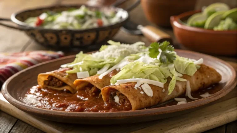 Authentic enchiladas michoacanas served with guajillo chile sauce and fresh toppings
