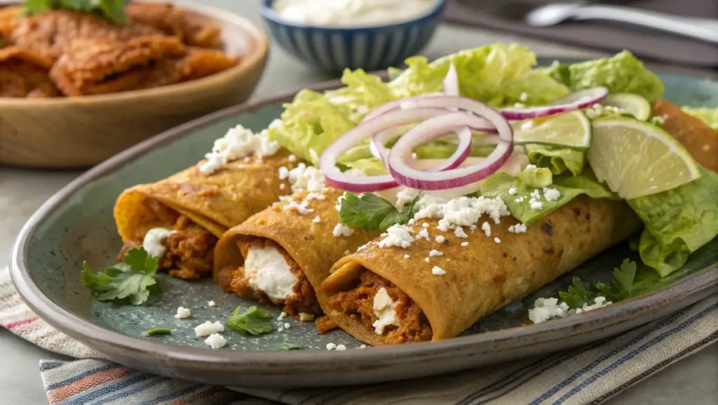 Enchiladas michoacanas served with fried chicken and fresh garnishes