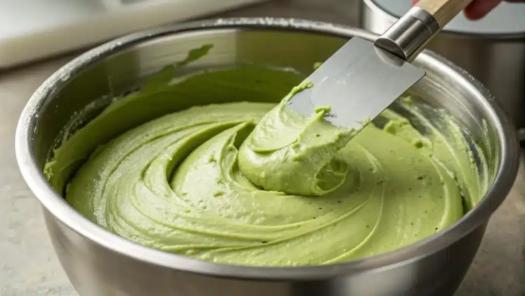 folding pistachio cheesecake filling in mixing bowl