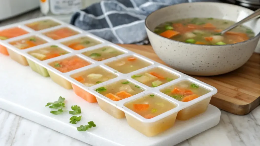 Frozen cubes of mirepoix broth concentrate