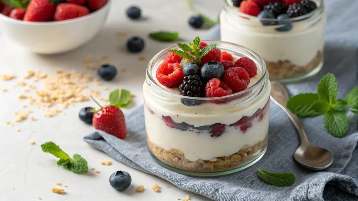 gaps cream cheese dessert in glass jar topped with berries