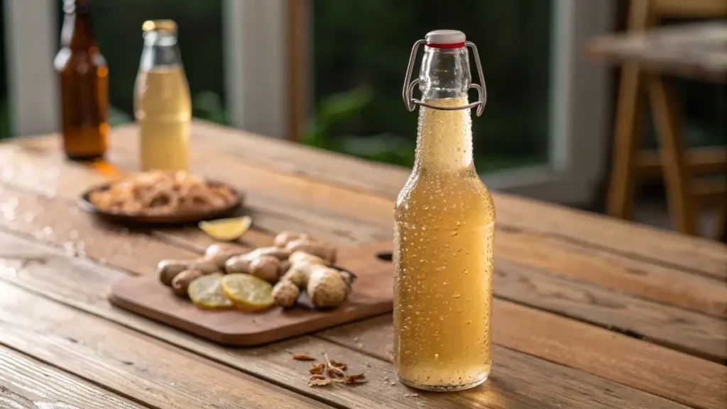 swing-top bottle filled with homemade ginger beer from ginger bug recipe