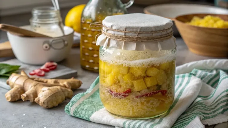 ginger bug recipe in glass jar fermenting on kitchen counter