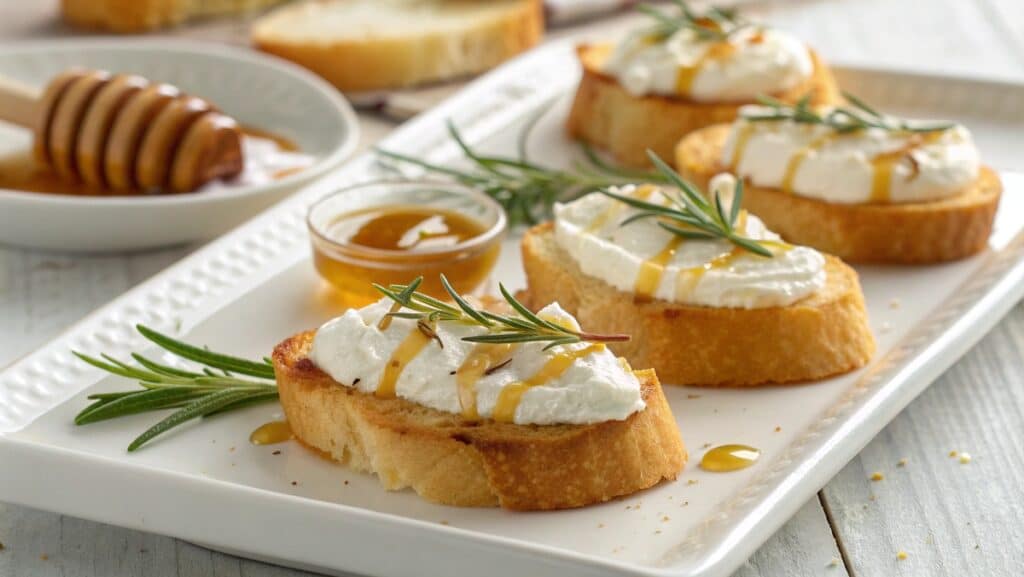 Goat cheese appetizer crostini with honey