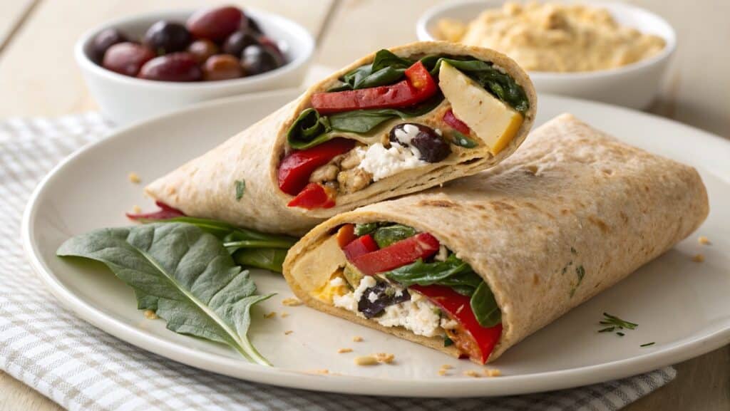 Goat cheese Mediterranean wrap with roasted vegetables