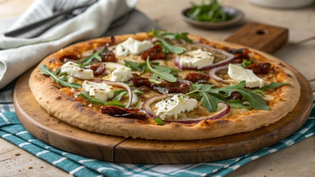 Goat cheese pizza with caramelized onions and arugula