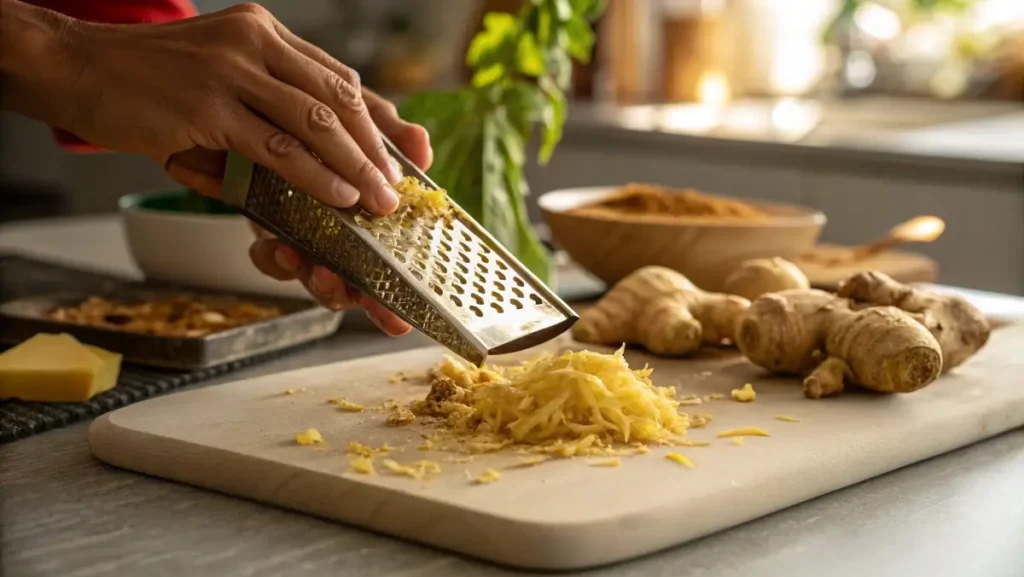 grating ginger root for ginger bug recipe preparation