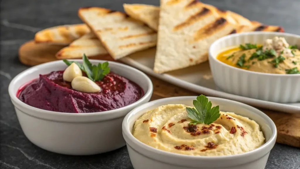 Greek mezze side dishes with dips and pita