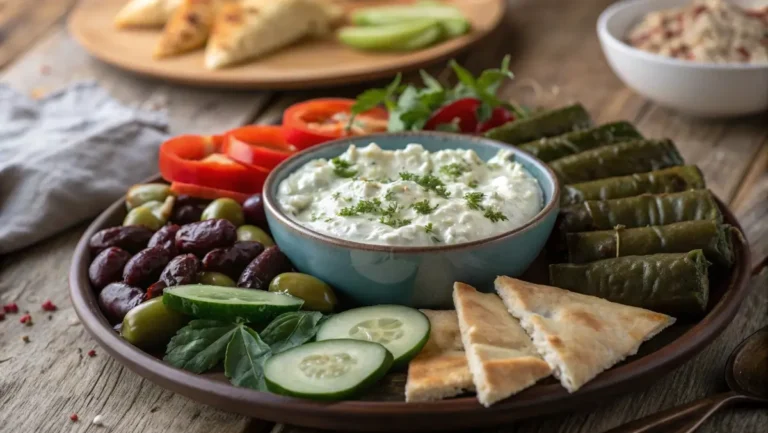 Greek side dishes with tzatziki, dolmades, and feta cheese