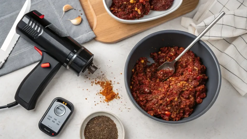 Mixing ground venison jerky recipe ingredients