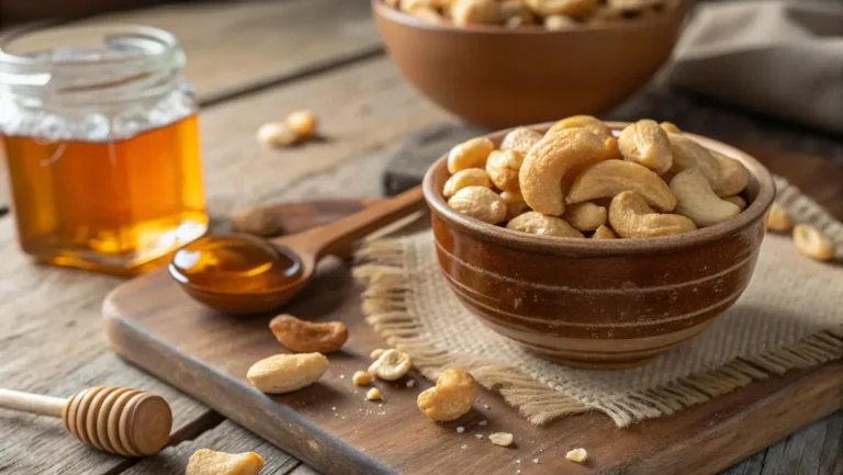 honey roasted cashews in a rustic wooden bowl