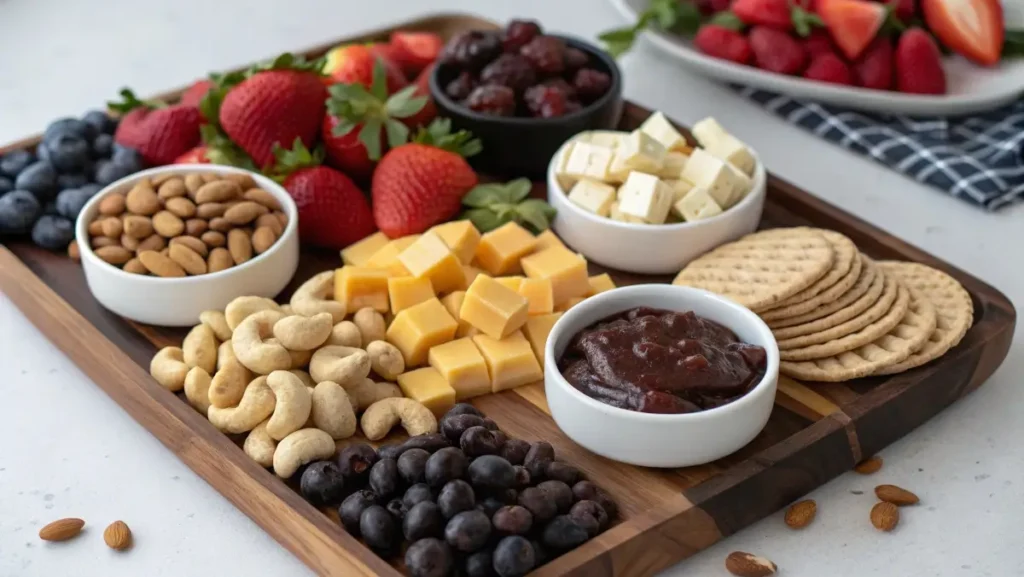 snack board with honey roasted cashews and cheese